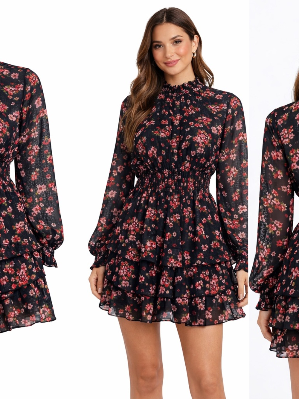 Floral Ruffle Tiered Mini Dress - Black with Pink Floral - Picture 4 of 11